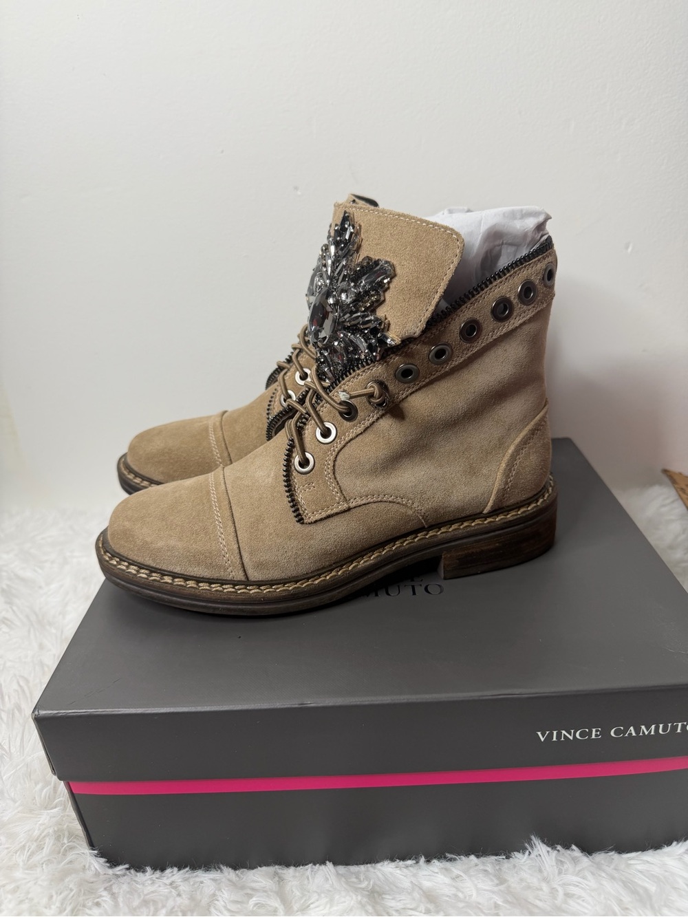 Vince Camuto Tan Suede Chukka Boots with Bejeweled Tongue
